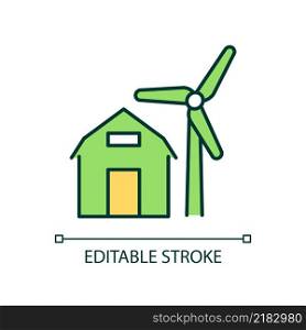 Windmill energy RGB color icon. Rural electrification. Sustainable power generation for countryside. Isolated vector illustration. Simple filled line drawing. Editable stroke. Arial font used. Windmill energy RGB color icon
