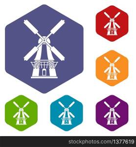 Windmill icons vector colorful hexahedron set collection isolated on white. Windmill icons vector hexahedron