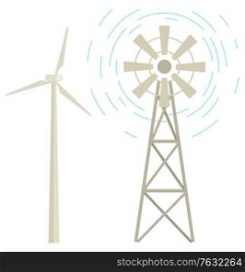 Windmill turbine vector, isolated constructions for generating power and accumulating resources. Alternative energy renewable source flat style powerplant. Windmill Renewable Energy Powerplant Station Icon