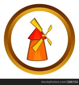 Windmill vector icon in golden circle, cartoon style isolated on white background. Windmill vector icon