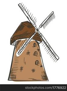 Windmill, vector. Old wooden traditional grain mill. Crop processing. Hand drawing. Color sketch agriculture. Windmill, vector. Old wooden traditional grain mill. Color sketch, agriculture.