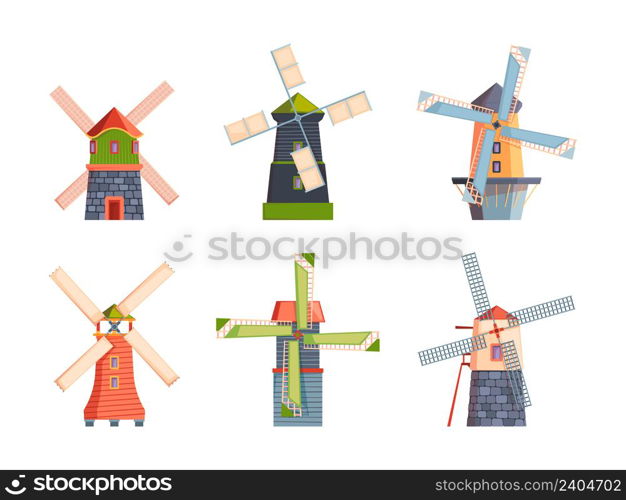 Windmills. Flat rural buildings water towers netherlands windmills garish vector flat houses cartoon collection isolated. Illustration of farm windmill, agriculture village. Windmills. Flat rural buildings water towers netherlands windmills garish vector flat houses cartoon collection isolated