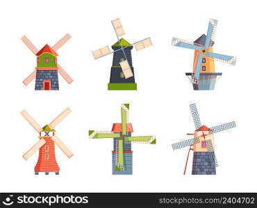 Windmills. Flat rural buildings water towers netherlands windmills garish vector flat houses cartoon collection isolated. Illustration of farm windmill, agriculture village. Windmills. Flat rural buildings water towers netherlands windmills garish vector flat houses cartoon collection isolated