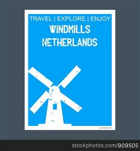 Windmills, Netherlands monument landmark brochure Flat style and typography vector