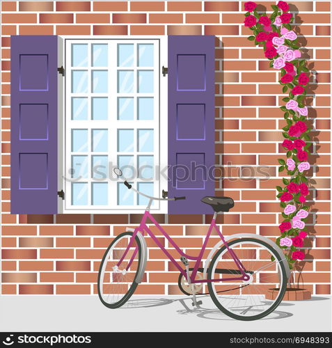 window and bike 1. Window with shutters and a bicycle. Red brick wall. Vector illustration.