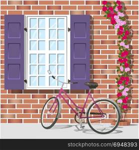 window and bike 1. Window with shutters and a bicycle. Red brick wall. Vector illustration.