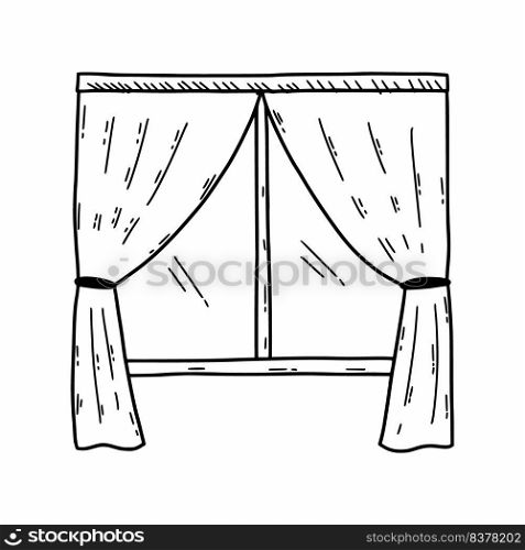 Window and curtains. Home decor. Vector doodle illustration.