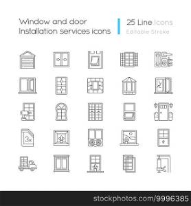 Window and door installation service linear icons set. Increasing energy efficiency. Break-in prevention. Customizable thin line contour symbols. Isolated vector outline illustrations. Editable stroke. Window and door installation service linear icons set