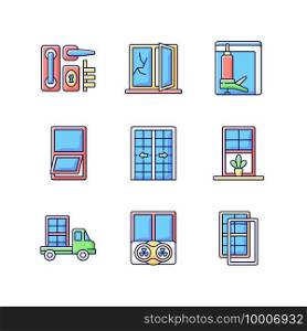 Window and door installations RGB color icons set. Fixing cracked sills, glass. Insulating barrier creation. Construction material delivery. Controlling air ventilation. Isolated vector illustrations. Window and door installations RGB color icons set