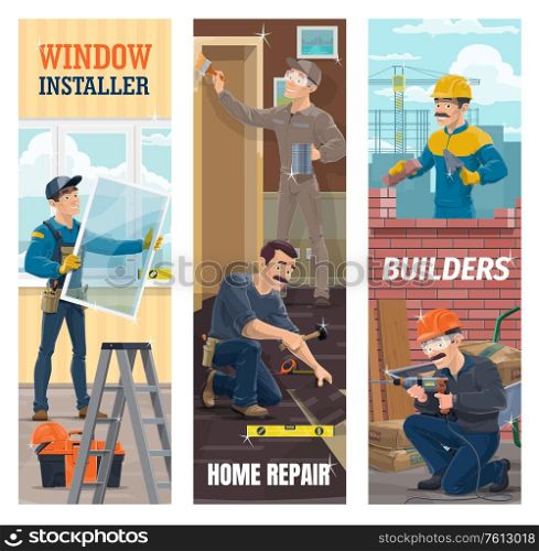 Window and laminate flooring installer, painter and builder workers on construction site. Man installing a window, painter renovating apartments, bricklayer laying a brick wall. Construction industry. Construction, floor and window installer workers