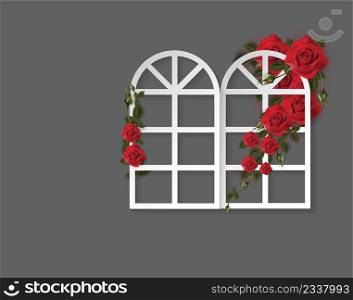 Window and red roses background