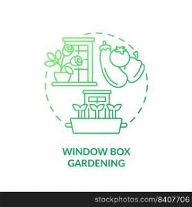 Window box gardening green gradient concept icon. Windosill containers. Growing plants. Gardening method abstract idea thin line illustration. Isolated outline drawing. Myriad Pro-Bold font used. Window box gardening green gradient concept icon