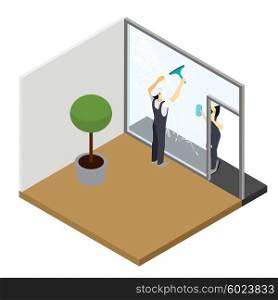 Window cleaning Isometric Interior Composition . Window cleaning in your apartment with tools and accessories squeezers dusters microfiber for sparkling glass isometric vector illustration