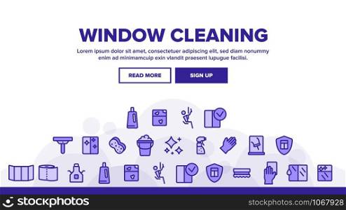 Window Cleaning Landing Web Page Header Banner Template Vector. Wiper Blade And Sponge, Handgear And Washing Agent Spray Cleaning Illustration. Window Cleaning Landing Header Vector