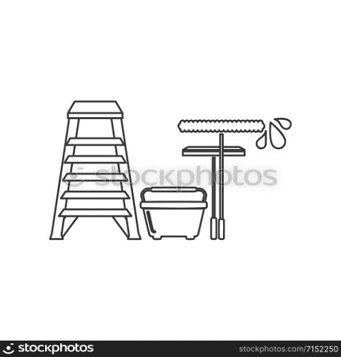Window cleaning or washing tools icon including ladder, bucket, squeegee and applicator in vector line drawing