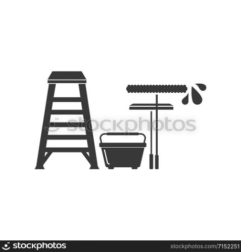Window cleaning or washing tools icon including ladder, bucket, squeegee and applicator in vector
