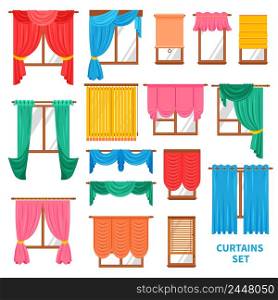 Window colored curtains and blinds flat set for office and creative home interior isolated vector illustration. Window Curtains And Blinds Set