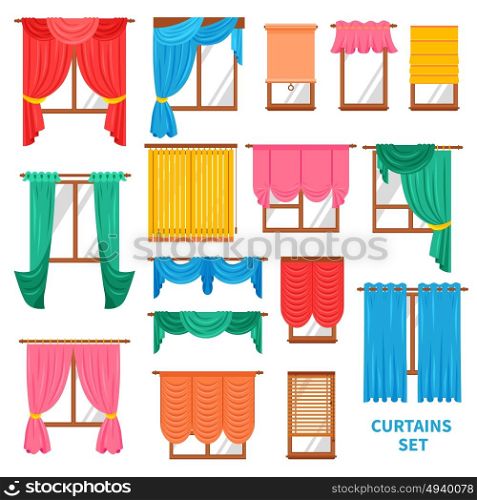 Window Curtains And Blinds Set. Window colored curtains and blinds flat set for office and creative home interior isolated vector illustration