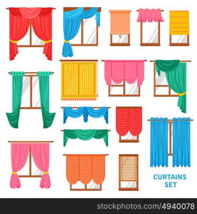 Window Curtains And Blinds Set. Window colored curtains and blinds flat set for office and creative home interior isolated vector illustration