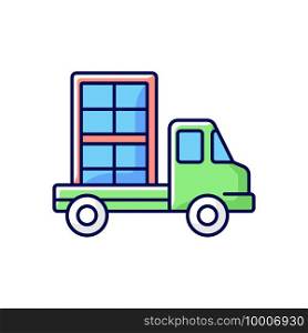 Window delivery RGB color icon. Customer service. Delivering building materials on residential construction sites. House building. Home remodeling. Material delivery. Isolated vector illustration. Window delivery RGB color icon