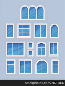 Window design. Glass various types architectural outdoor object garish vector collection. Illustration window office and home front. Window design. Glass various types architectural outdoor object garish vector collection