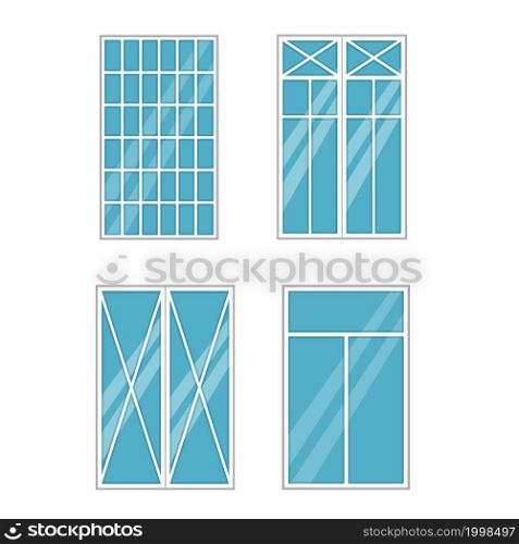 Window exterior. Various glass frame types. Residential building facade. House wall decoration. White borders with double casement and reflective surfaces. Vector architectural isolated elements set. Window exterior. Various glass frame types. Residential building facade. House wall decoration. Borders with double casement and reflective surfaces. Vector architectural lements set