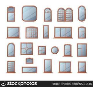 Window frames. Cartoon wooden home and office round and square modern window collection with transparent glass. Vector isolated set. Various architectural outdoor objects for apartments. Window frames. Cartoon wooden home and office round and square modern window collection with transparent glass. Vector isolated set