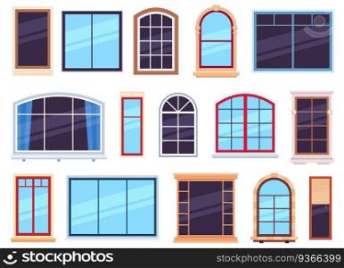 Window frames. Exterior view various wooden and detailed plastic windows, casement frames on house wall architecture design flat vector set. Window interior plastic and wood construction illustration. Window frames. Exterior view various wooden and detailed plastic windows, casement frames on house wall architecture design flat vector set