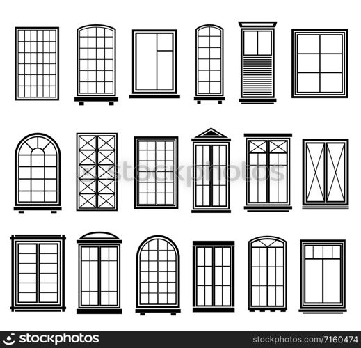 Window frames. Vintage framing windows, blank decorative glass frame construction. Black silhouettes vector abstract wooden architecture set. Window frames. Vintage framing windows, blank decorative glass frame construction. Black silhouettes vector set