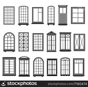 Window frames. Vintage framing windows, blank decorative glass frame construction. Black silhouettes vector abstract wooden architecture set. Window frames. Vintage framing windows, blank decorative glass frame construction. Black silhouettes vector set