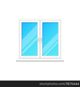 Window, glass frame without curtain, vector home white plastic windows, vector isolated icon. House building front exterior, flat modern window square with double casement, handles and windowsill. Window, glass frame without curtain, white plastic