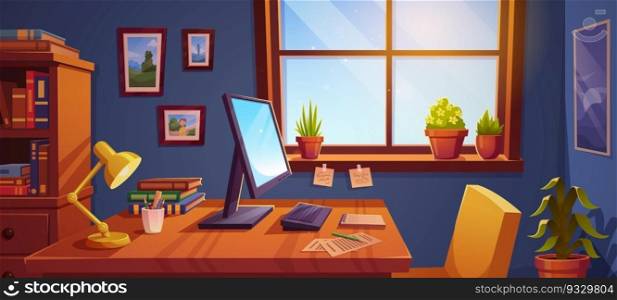 Window home office workspace desk vector. Modern table workplace furniture in flat interior design. Desktop computer, chair, flowers, lamp and book shelf indoor wall cabinet studio illustration scene.. Window home office workspace desk interior vector