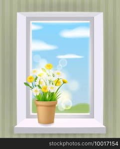 Window in interior, spring, flower pot with flowers daisy and dandelions on windowsill. Vector illustration template, isolated realistic, banner. Window in interior, spring, flower pot with flowers daisy and dandelions on windowsill. Vector illustration realistic