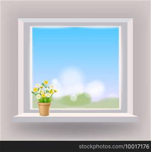 Window in interior, view on landscape, spring, flower pot with flowers daisy and dandelions on windowsill, curtains. Vector illustration template, isolated realistic, banner. Window in interior, view on landscape, spring, flower pot with flowers daisy and dandelions on windowsill, curtains. Vector illustration template realistic