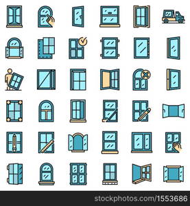 Window installation icons set. Outline set of window installation vector icons thin line color flat on white. Window installation icons set vector flat