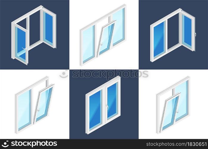Window installation isometric design concept set of six square icons with opened and closed plastic windows on white and dark background vector illustration. Windows Installation Isometric Design Concept