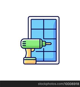Window installation RGB color icon. Home improvement. Replacing whole-house old windows. Renovation process. Enhanced security and safety. Making additions to house. Isolated vector illustration. Window installation RGB color icon