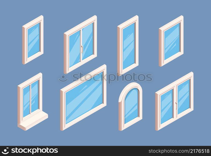 Window isometric. Industrial aluminium white frames for glasses room indoor window corners garish vector 3d templates collection. Window white isometric for house or home. Window isometric. Industrial aluminium white frames for glasses room indoor window corners garish vector 3d templates collection