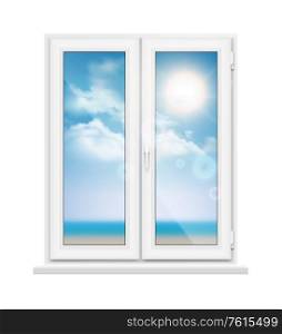 Window landscape realistic composition view from the window to street on sky and clouds vector illustration