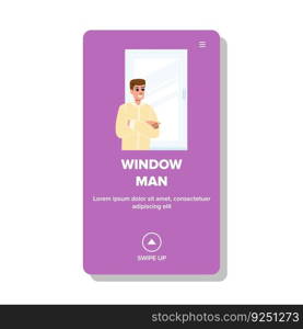 window man vector. looking business, office business, modern professional, building person, thinking caucasian window man web flat cartoon illustration. window man vector