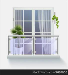 Window of modern building with access to balcony fenced with transparent glass realistic vector illustration