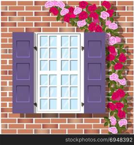 window on brick wall background. Window on brick wall with climbing roses. Vector illustration.