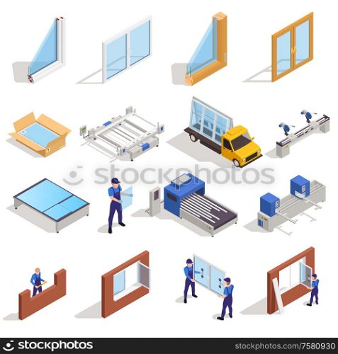Window pvc glass manufacturing cutting panes assembling packing distribution transportation installation isometric elements set isolated vector illustration
