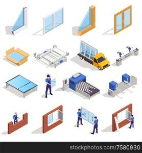 Window pvc glass manufacturing cutting panes assembling packing distribution transportation installation isometric elements set isolated vector illustration