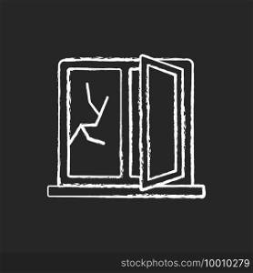 Window repair chalk white icon on black background. Fixing cracked sills, glass. House damage repairment. Broken windows maintenance. Reducing security risk. Isolated vector chalkboard illustration. Window repair chalk white icon on black background