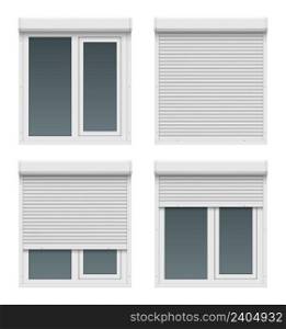 Window roller doors. Metal realistic white house shapes for windows close up plastic gate shutter frames decent vector rollers set. Illustratration of roller to house facade, front safety. Window roller doors. Metal realistic white house shapes for windows close up plastic gate shutter frames decent vector rollers set