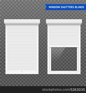 Window Roller Shutters Set . Window roller shutters set in closed and open form white on transparent background vector illustration