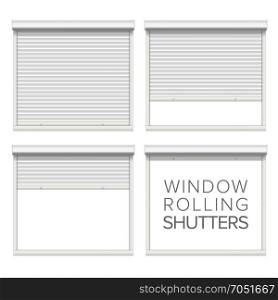 Window Roller Shutters Vector. Opened And Closed. Realistic Window, Door, Garage Rolling Shutters Isolated On White Illustration.. Vector Rolling Shutters. White Metallic Roller Shutter Isolated On White Background Illustration.