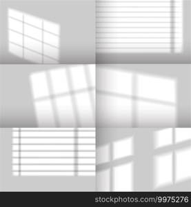 Window shadows. Realistic overlay shadow effect from jalousie. Natural sunlight from windows on walls mockup for product scene, vector set. Reflection of light on gray empty room wall. Window shadows. Realistic overlay shadow effect from jalousie. Natural sunlight from windows on walls mockup for product scene, vector set