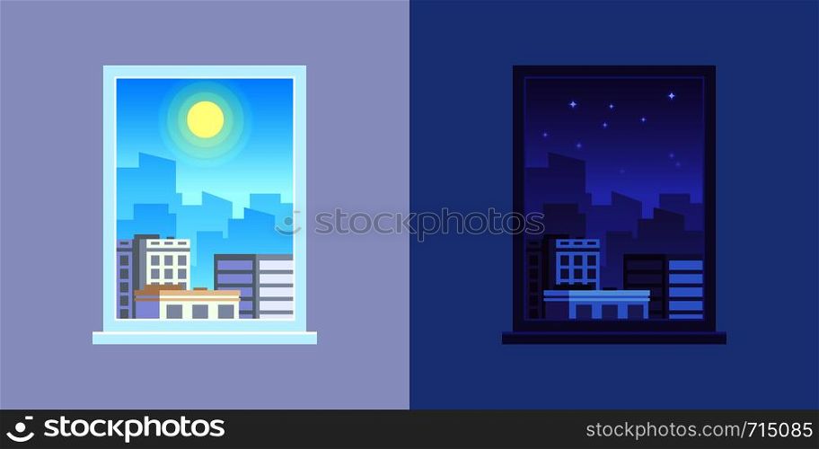 Window view. Day and night, apartment windows views. Morning and evening architecture house room cityscape cartoon vector concept. Window view. Day and night cartoon vector concept